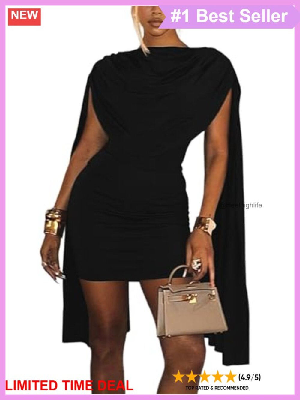 Cowl Neck Bodycon Mini Dress Cape Long Sleeve Ruched Club Cocktail Party